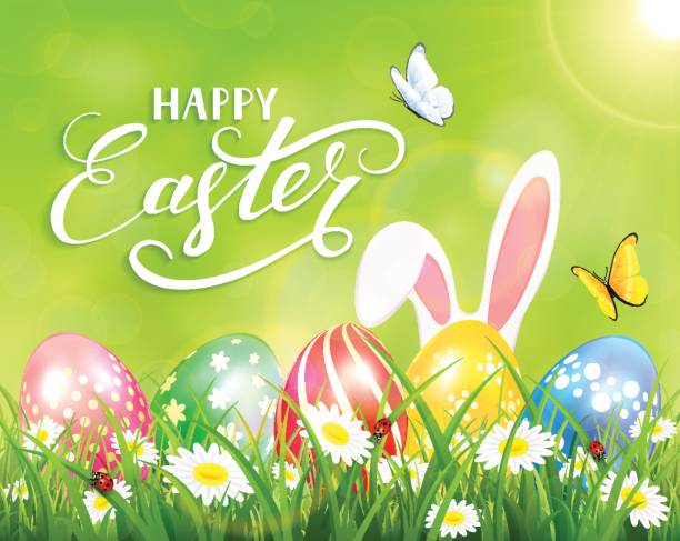 Easter theme with ears of bunny and butterflies flying above the colorful eggs in grass and flowers, green nature background with sun beams and lettering Happy Easter, illustration.